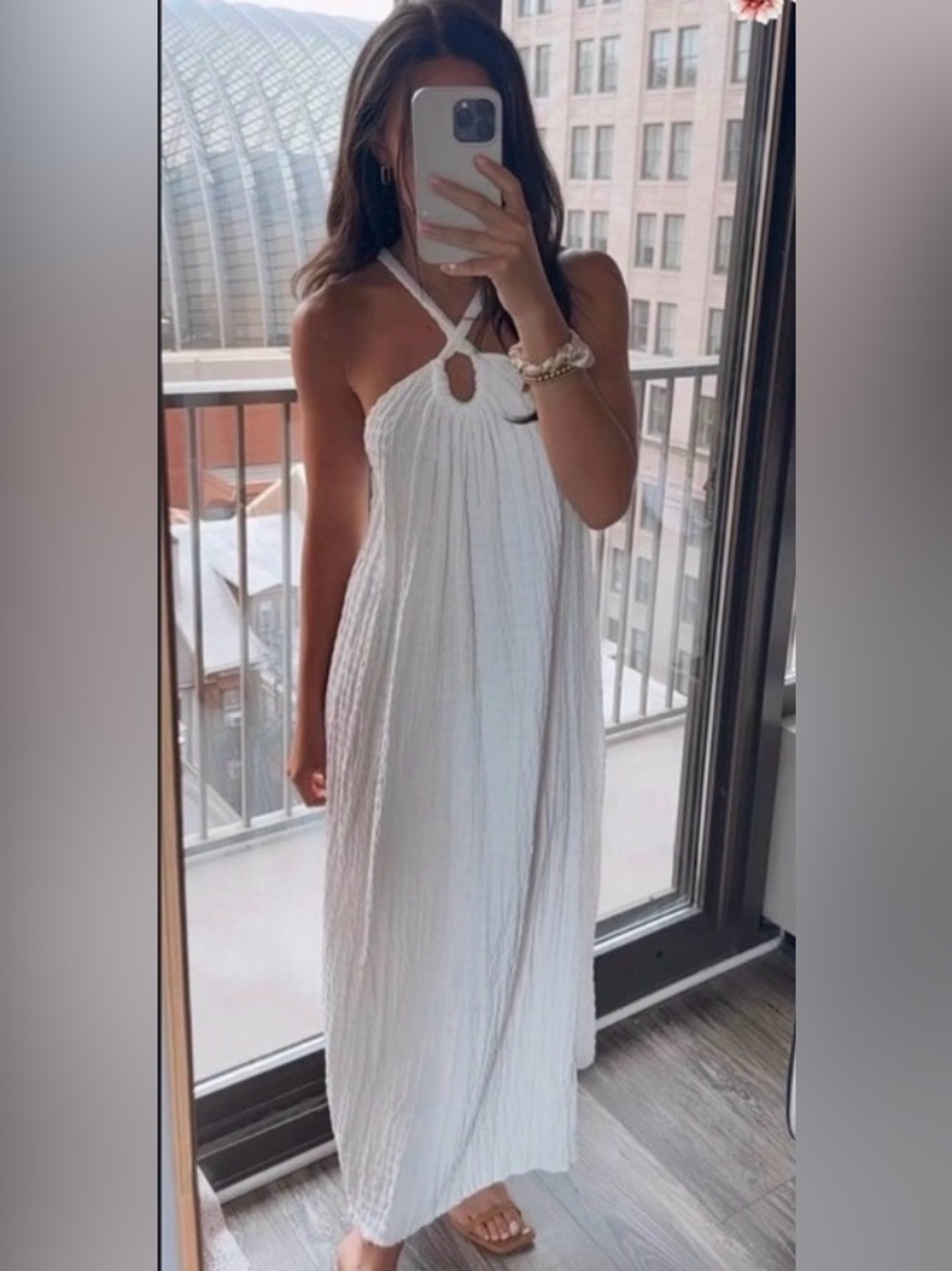 Zara White Crinkle Halter Maxi Dress with Keyhole